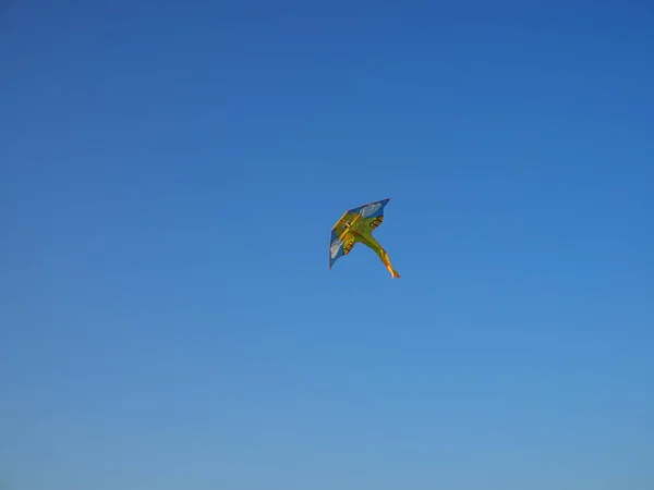 澄んだ青い夏の空を飛んで虹色の子供のおもちゃの凧 — ストック写真