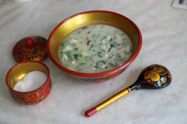 Okroshka Traditional Russian Summer Cold Soup Sausage Vegetables Kvass Bowl — Stock Photo, Image