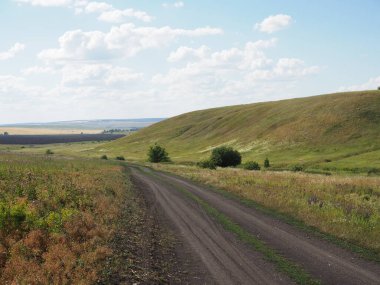 Kırsal araziden geçen otoban. Samanlı buğday tarlası. Hasat. Tepeler ve ormanlar. Panorama.