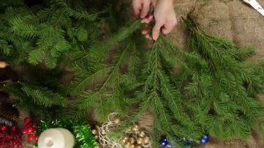 Çiçekçi Yeni Yıl kompozisyon için köknar dalları hazırlar. Büyük olanlardan küçük dalları gözyaşı. Bir Noel kompozisyonu oluşturuyor. Büyük olanlardan küçük dalları gözyaşı. Üst görünüm, çerçeve dönüyor.