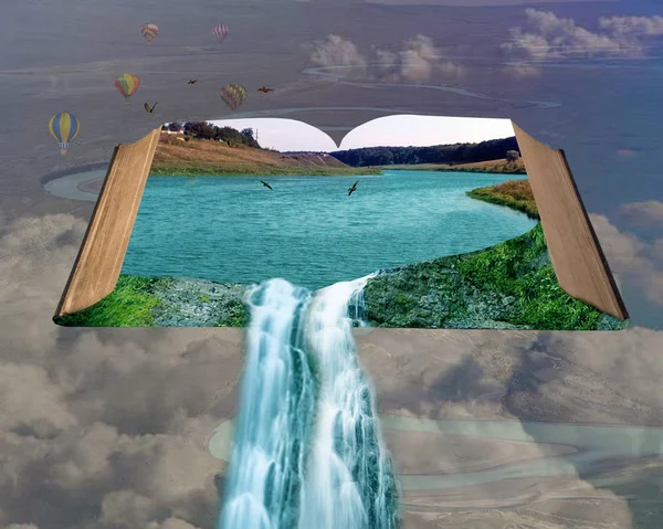 Ein Offenes Buch Mit Einem Wasserfall Und Vögeln Wolken Und — Stockfoto