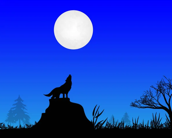 Lobo Uiva Lua Durante Noite Lua — Vetor de Stock