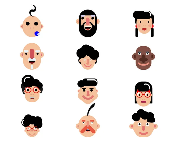 Twelve Characters Different Human Faces Flat Design — Stock Vector