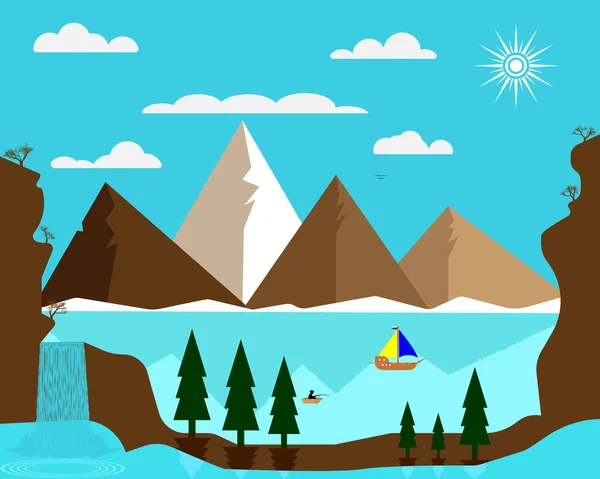 Montagnes Soleil Lac Bateau Pêcheur Avec Des Arbres Des Nuages — Image vectorielle