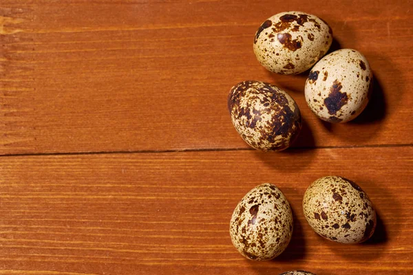 Quail eggs on  brown wooden background. Selective focus. Copy space — Stock Photo, Image
