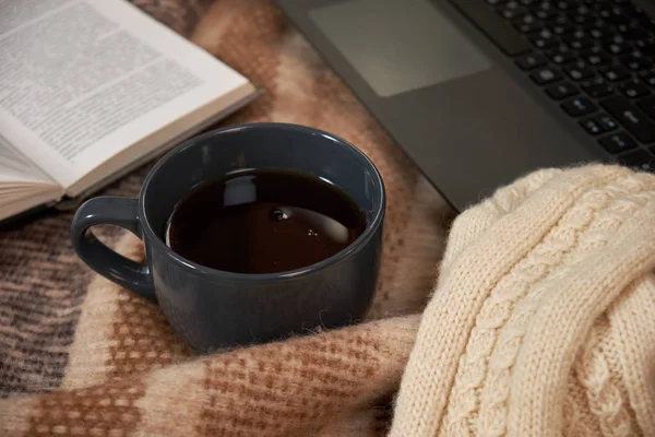 A Cup of tea, a book, a laptop and mittens on a blanket — Stock Photo, Image