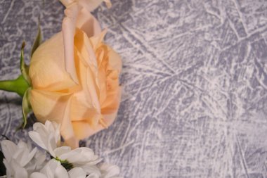 Gri arka plan üzerinde renkli çiçekler. Buket çiçek