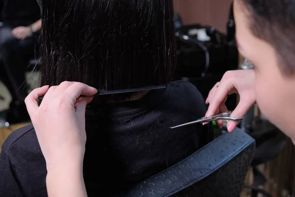 Fryzjer sprawia, że Dziewczyna Brunetka fryzura w salonie piękności z nożyczek i grzebień . — Zdjęcie stockowe