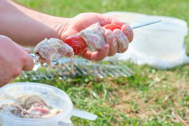 Doğada et ve sebze ile ızgara şiş