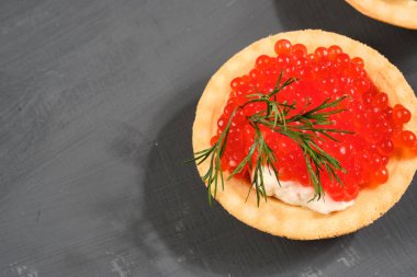 gri arka plan karşı kırmızı ve siyah havyar ile tartlets. Rus mutfağı. Close. Kopyalama alanı