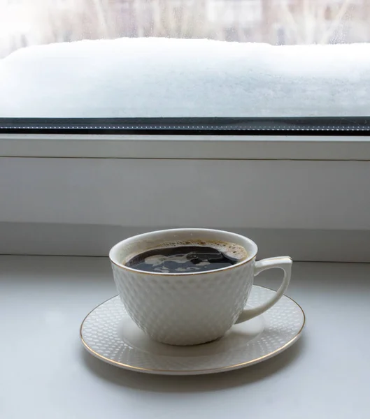 White Cup Hot Coffee Windowsill White Background Next Winter Scarf — Stock Photo, Image