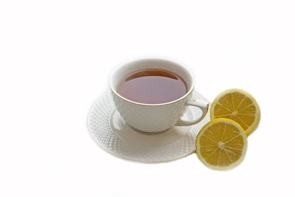 Tasse Heißen Tee Mit Zitrone Auf Einer Weißen Hintergrundtasse — Stockfoto