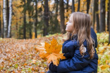 Güz Parkı 'nda uzun sarı saçlı güzel bir kız. Sarı sonbahar iznine ayrılmış altın sarısı saçlı kahverengi gözlü kız.