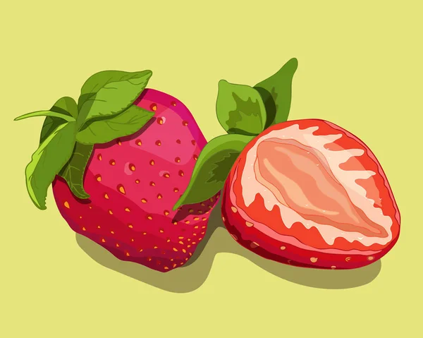 gerçekçi olgun kırmızı sulu çilek yeşil zemin üzerine bırakır ve vektör çizim gölgeler