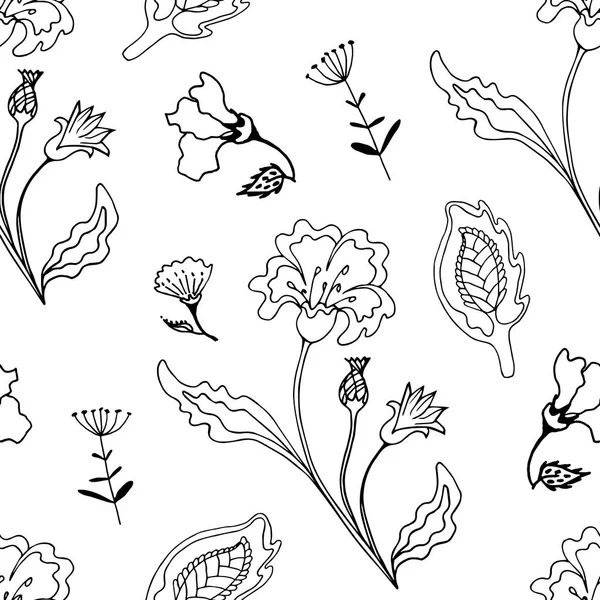 Nahtlose Muster Verzieren Florale Monochrome Vektorillustration Schwarzer Doodle Stil Auf — Stockvektor