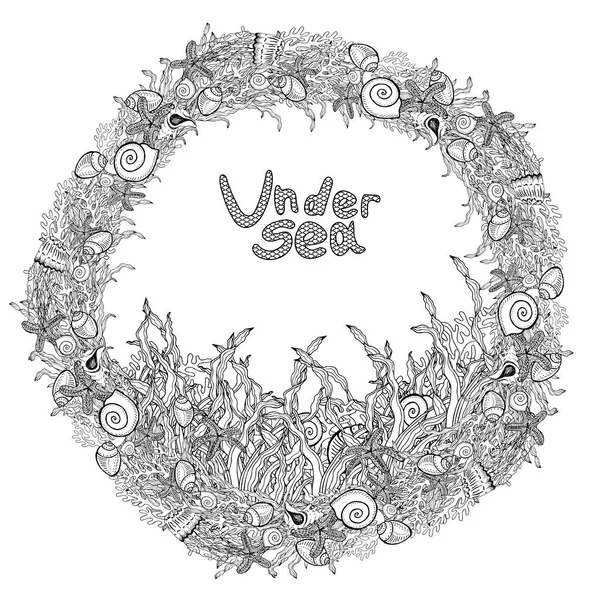 Deniz çelenk tek renkli Doodle tarzı dekorasyon çerçevesi. Deniz yaşamı kabukları, deniz bitkileri, mercan, yıldız balığı, denizanası altında.