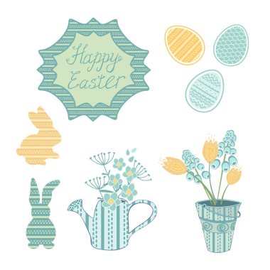 Dekoratif güzel Ester set vektör illüstrasyon. Şık desenler ile mavi turkuaz ve kremsi sarı nesneler. Çerçeve, yumurta, tavşan, bir buket ile kova, sulama olabilir ile yazı. Kartlar, tatil paketleme ve sarma için çizilmiş görüntüler