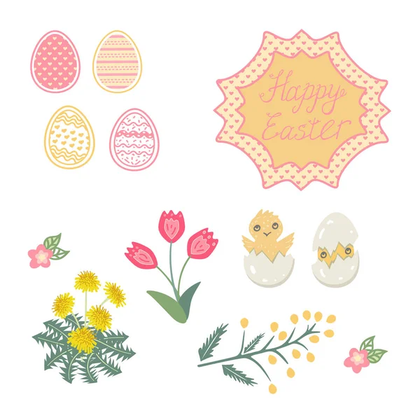 Dekoratif güzel Ester set vektör illüstrasyon. Şık desenler ile pembe ve sarı pastel nesneler. Çerçeve, yumurta, piliç, lale, Mimoza, karahindiba ile yazı. Tebrik kartları, tatil paketleme ve sarma için çizilmiş görüntüler.