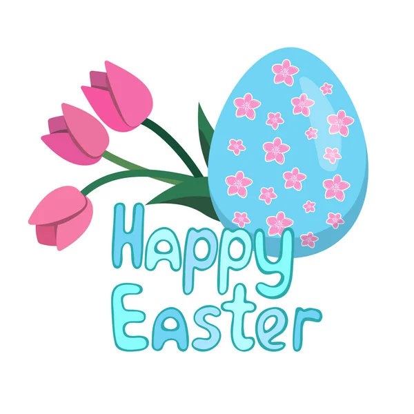 Mavi yumurta, Pembe lale ve yazı Mutlu Paskalya bir buket ile sevimli Paskalya kartı. Tebrik kartı veya afiş şablonu için vektör çizim. 