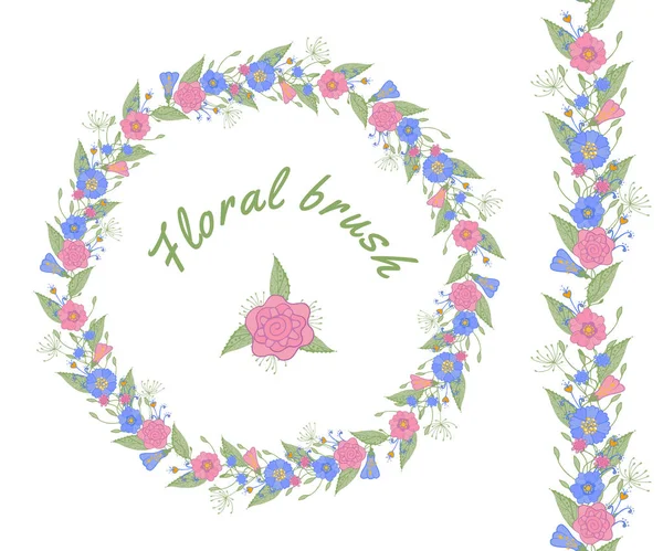 Vector floral brush and floral garland. Beautiful wreath frame of hand-drawn floral elements. Rose and blue cute flowers with leaves and sprigs. Greeting card or invitation template isolated on white background.