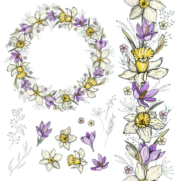 Çiçek fırçası, çelenk, çelenk ve unsurlar. Bahar çiçekleri narsist, çiğdem ve otlar koleksiyonu. Kartlar, ambalaj, sabit için daire şablonu.
