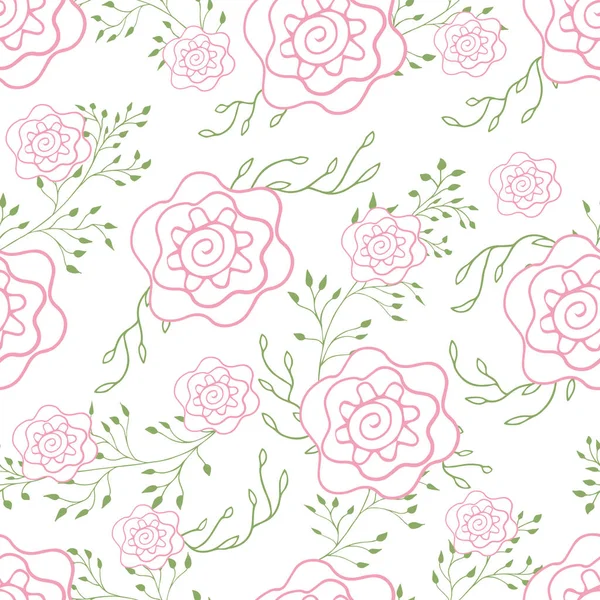 Dikişsiz desen ihale çizilmiş gül ve yeşillik. Pastel renkler pembe ve yeşil vektör illüstrasyon.