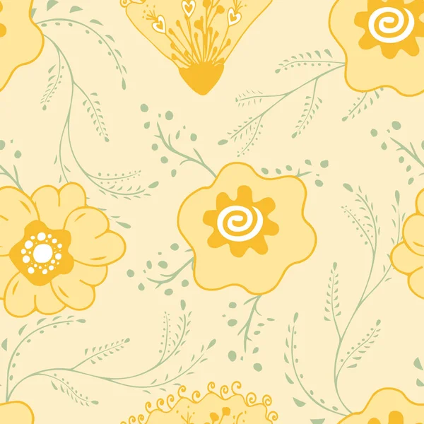 Dikişsiz desen swatch ile sarı çiçekler ve yeşillik çizilmiş. Pastel renkler kehribar ve yeşil sonsuz karo.