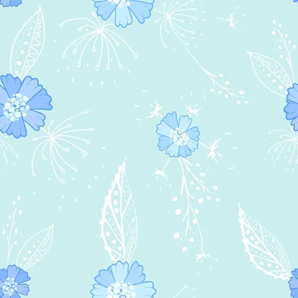 Dikişsiz desen swatch ile mavi çiçekler ve yeşillik çizilmiş. Pastel renkler siyan ve mavi sonsuz karo.
