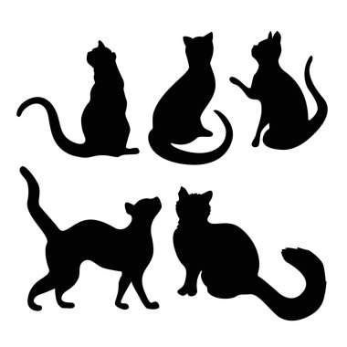 Farklı beyaz arka planda pozlar 5 kedi vektör siluetleri. İzole dekoratif monokrom figürler.