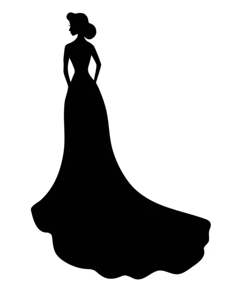 Düğün veya akşam uzun elbiseli genç kızın siyah silueti ile tren ayakta o profil, güzel kadın simgesi görüntü izleyici yüzüne sırtını duruyor