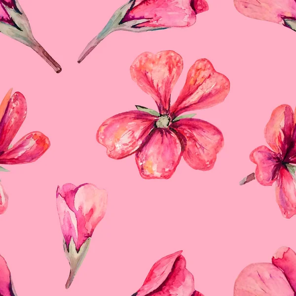 Seamless pattern with watercolor soft pink geranium. Floral romantic elements on pink backdrop. Endless texture for fabric, stationary, wallpapers.