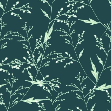 Kumaş ve dekorasyon için ince dallar ile editable koyu yeşil vektör sonsuz doku. Romantik dikişsiz desen