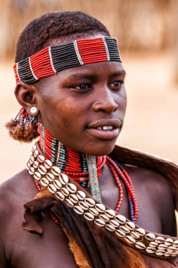 Turmi, Omo Nehri Vadisi, Etiyopya - 23 Aralık 2010: Onun vallage Hamar kadın portresi. Hamer ilkel bir kabileyi ve kadınlar birçok süslemeleri var..