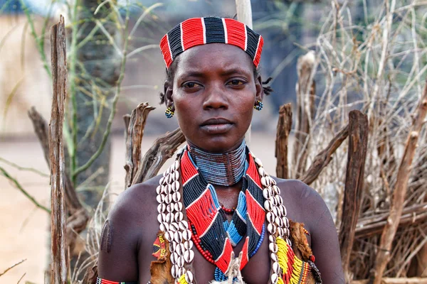 Turmi オモ川渓谷 エチオピア 2010 彼女の Vallage のハーマル貴婦人の肖像画 原始的な部族であり 女性は 多くの装飾を持っている — ストック写真