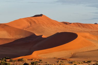 Namibya 'daki Namib-Naukluft Ulusal Parkı' ndaki Sossusvlei bölgesinin kırmızı kumulları.