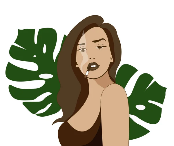 モンスターとタバコから煙の背景に彼女の口の中にタバコと長い茶色の髪を持つ女の子のファッションデジタル図面フラットイラスト — ストック写真