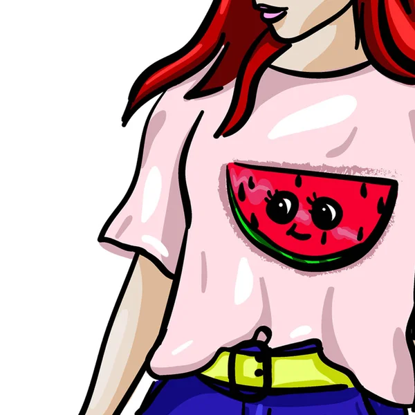 Digital Tryck Ritning Rosa Shirt Form Mogen Röd Vattenmelon Med — Stockfoto