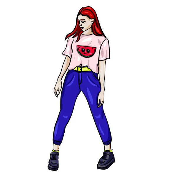 赤い髪と美しいファッショナブルなスイカのプリントを持つ静的なポーズの女の子のデジタル描画フル長のTシャツ — ストック写真