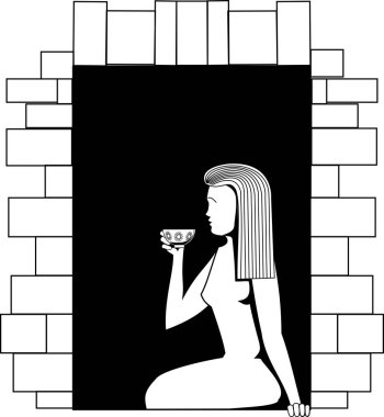Siyah-beyaz vektör resim bir kız bir pencere üzerinde oturan ve bir bardaktan içiyor