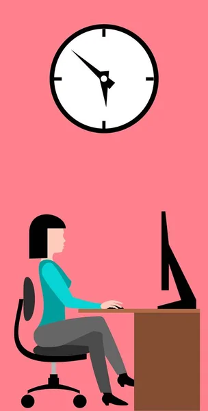 Image Vectorielle Couleur Une Femme Assise Travailler Ordinateur Dans Style — Image vectorielle