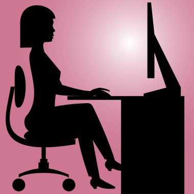 oturan bir kadın silüeti vektör renkli arka planla bilgisayarda çalışan