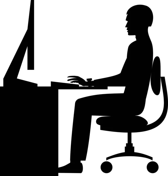 Silueta Vectorial Hombre Sentado Trabajando Ordenador — Vector de stock
