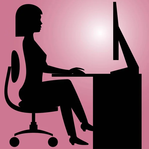 Vector Silhouette Woman Sitting Working Computer Color Background — Stock Vector