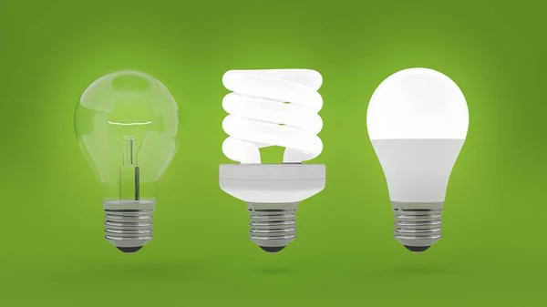 Light bulb isolated on green background. Three generations of light bulbs. Light on. 3d illustration.