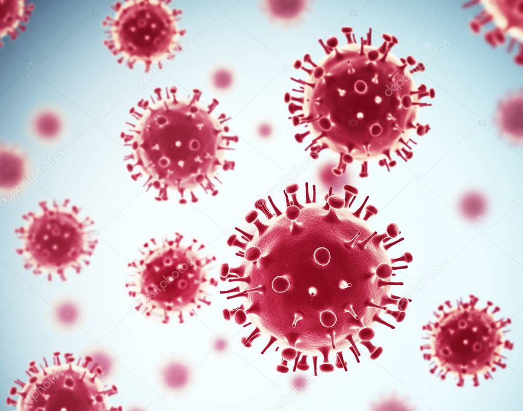 Virus isolated on blue background. 3d illustration. H1N1.