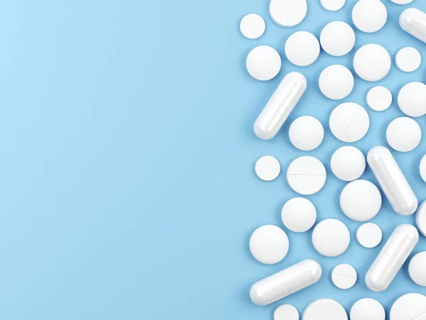 Bílé Pilulky Izolované Modrém Pozadí — Stock fotografie