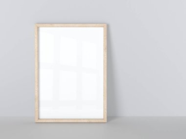 Ahşap çerçeve gri duvara izole. 3d illüstrasyon.