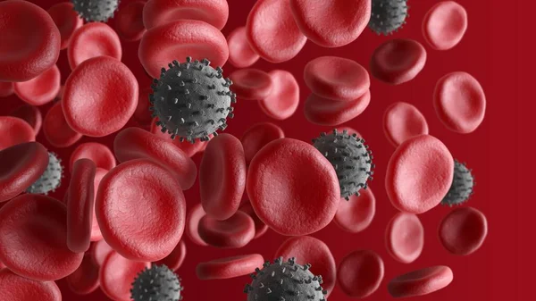 Red blood cells and coronavirus isolated on red background. Multiple objects. Erythrocytes.  COVID-19 pandemic. 3d illustration.