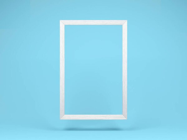 Hanging white wooden frame isolated on blue background. 3d illustration.