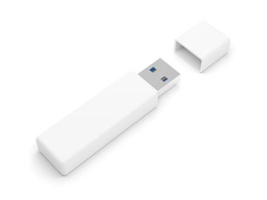 USB flaş bellek beyaz arkaplanda izole edildi. Veri depolama cihazı. Kalem sürücüsü. Kalem sürücü. 3d illüstrasyon.